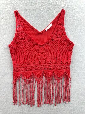 Top Show Red Crochet Floral Lace Fringe Tassel Beach Summer Crop Cami Vest Top M